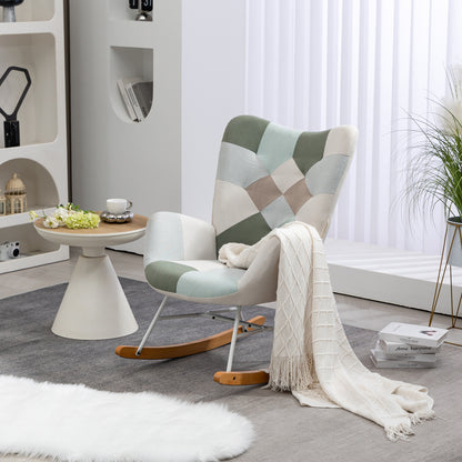 Relaxfauteuil – Fauteuil – Schommelstoel – Stoel – Zetel – Patchwork Stof – Schommelfunctie – Metalen Frame en Houten Poten – 85x69x98 cm