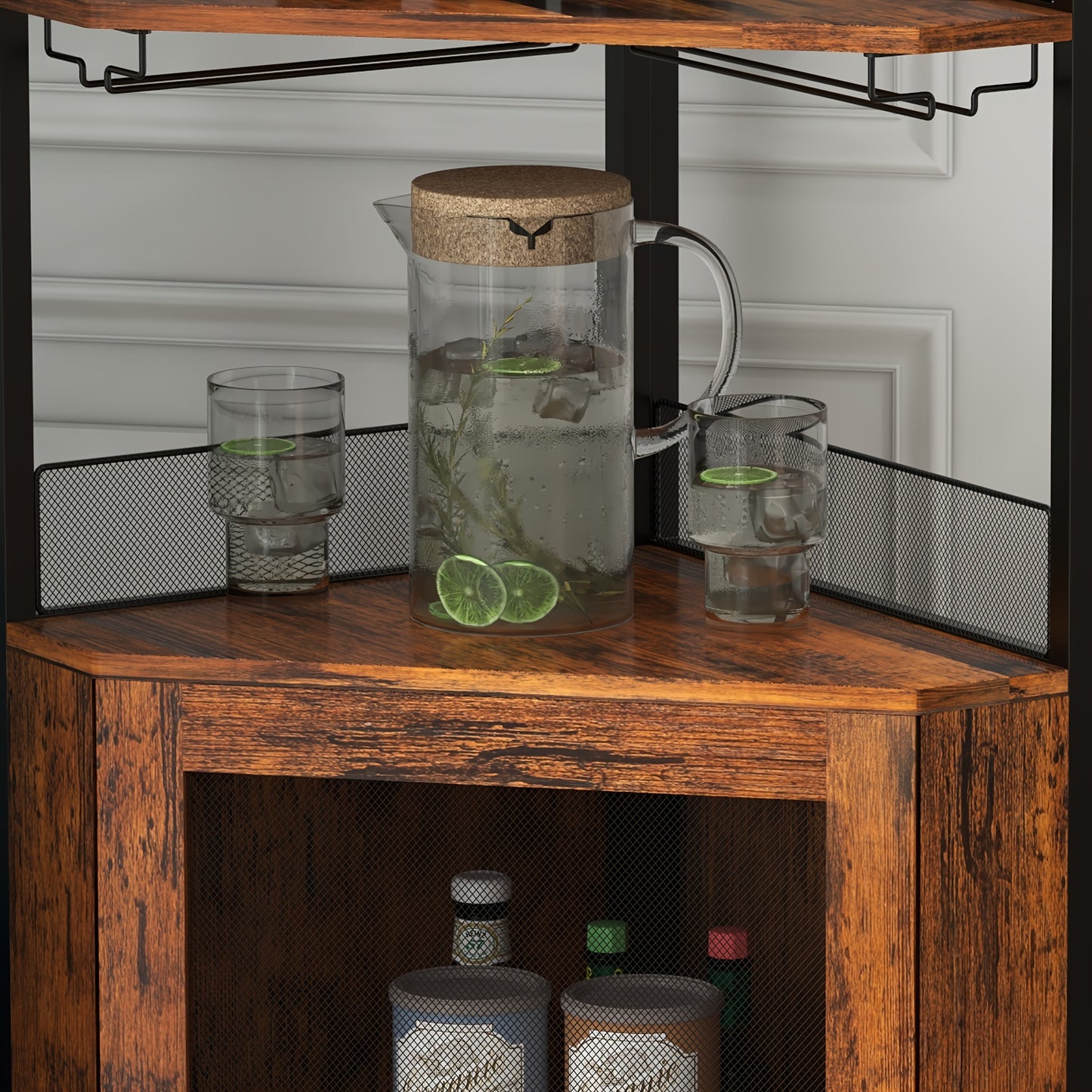 Barkast – Wijnkast – Drankkast – Barmeubel – Hoekdressoir – Verstelbare Plank – Metaal & Hout – Compact Vrijstaand