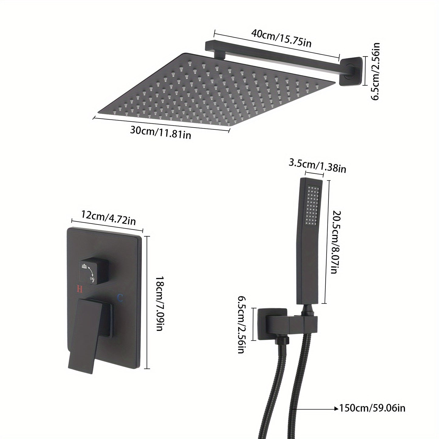 Regendouche – Regenval Douche – Doucheset – Douchekop – Douchekolom – Mat Zwart – 30 cm Hoofddouche – RVS en Messing