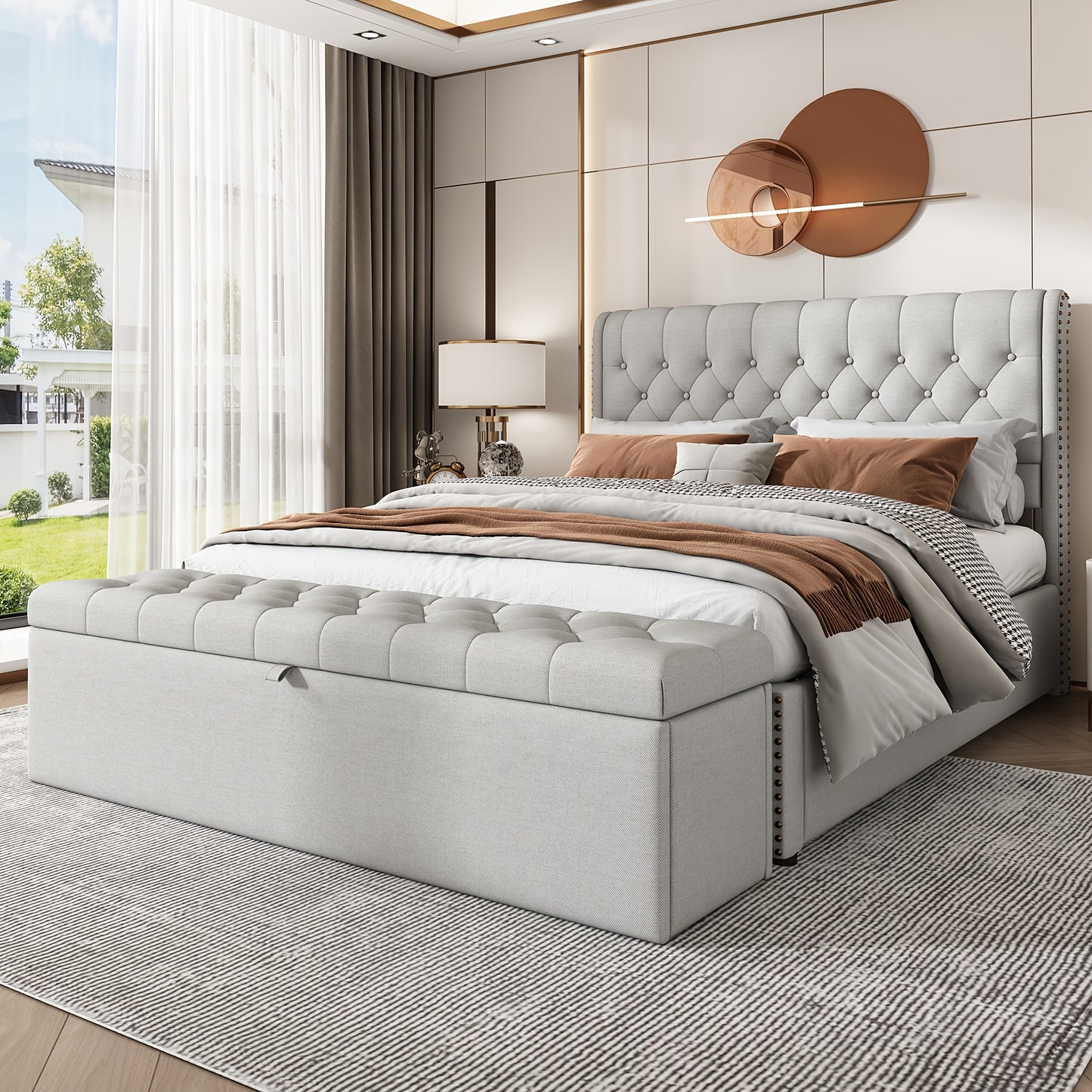 Opbergbank – Opbergbank – Zitbank – Opbergmeubel – Linnen Bank – Soft Cushion Bench – Lichtgrijs Linnen – Metalen Scharnieren – 141x41,5x47 cm – Multifunctioneel Compact
