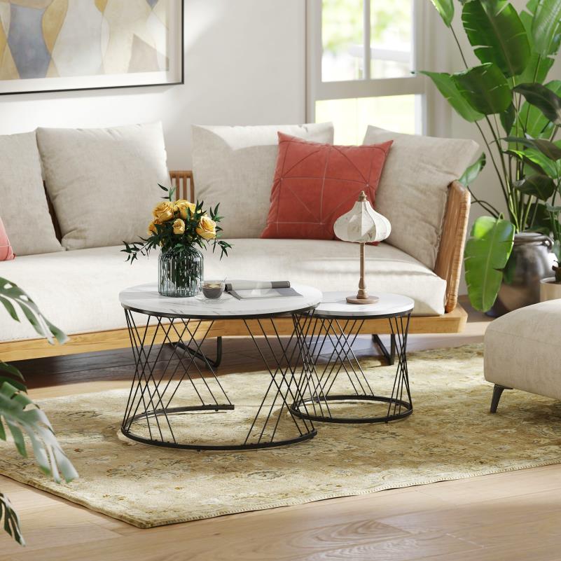 Salontafel – Woonkamertafel – Bijzettafel – Koffietafel – Patioset – Ronde Set Van 2 – Wit Spaanplaat Marmerlook – Metalen Geometrisch Onderstel