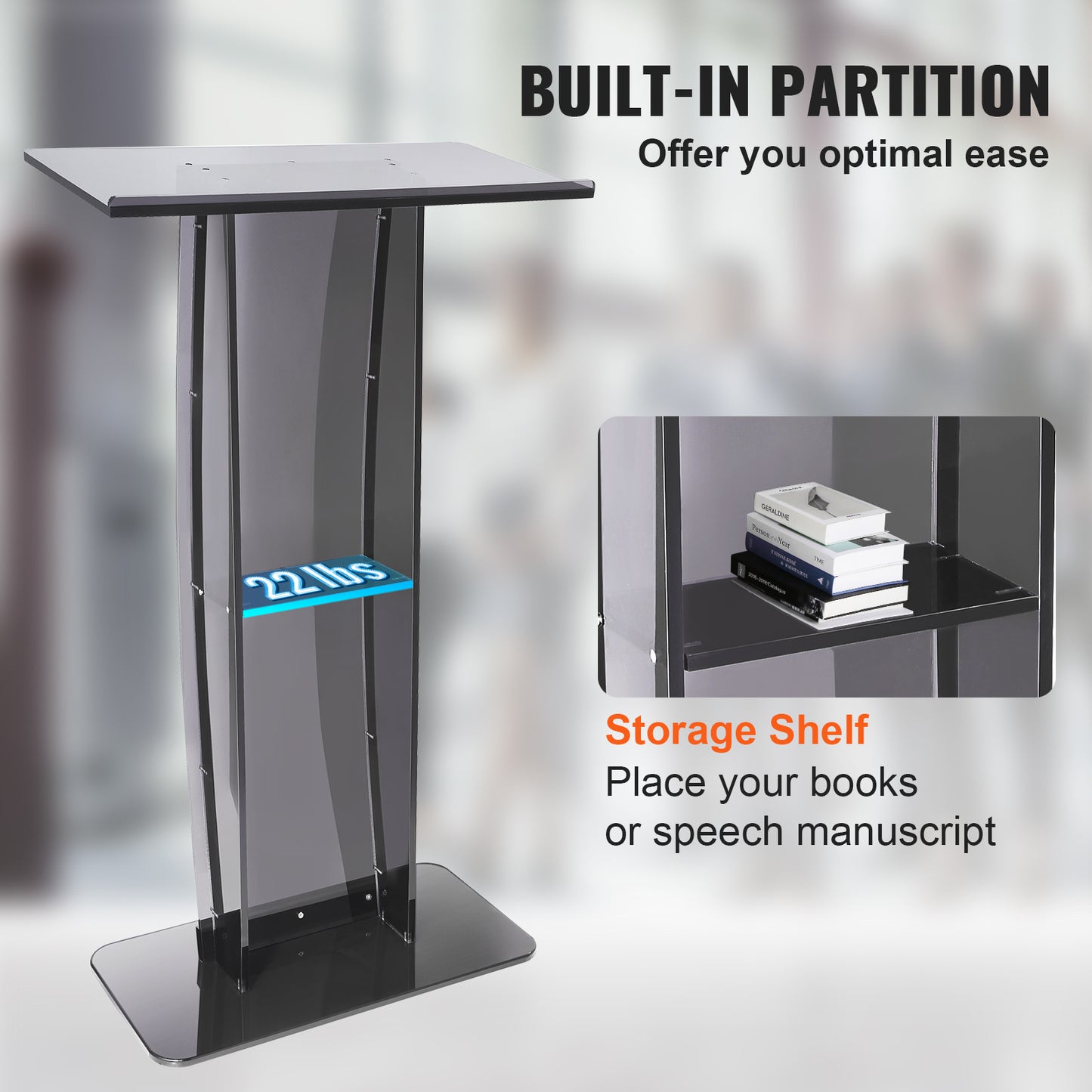 Acryl Podium – Sprekersstandaard – Presentatiepult – Lectern – Transparant Podium – Hoogte 120 cm – Dikke Heldere Acrylplaat – Opbergruimte en Penhouder – Zwarte Accenten