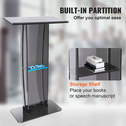 Acryl Podium – Sprekersstandaard – Presentatiepult – Lectern – Transparant Podium – Hoogte 120 cm – Dikke Heldere Acrylplaat – Opbergruimte en Penhouder – Zwarte Accenten