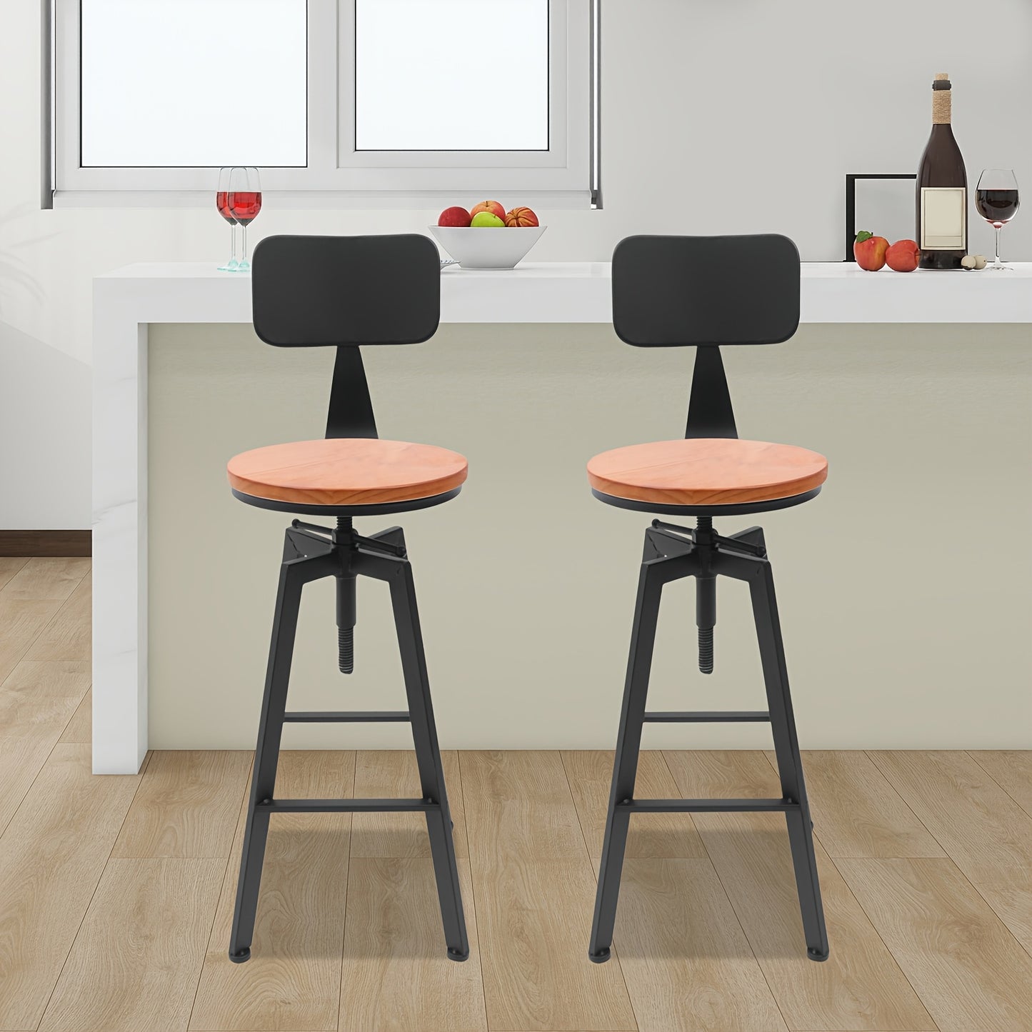 Barstoelen – Barkrukken – Keukenstoelen – Krukken – Barzitjes – Verstelbare Hoogte – 360° Draaibaar – Zwart Hout Metaal – Set Van 2