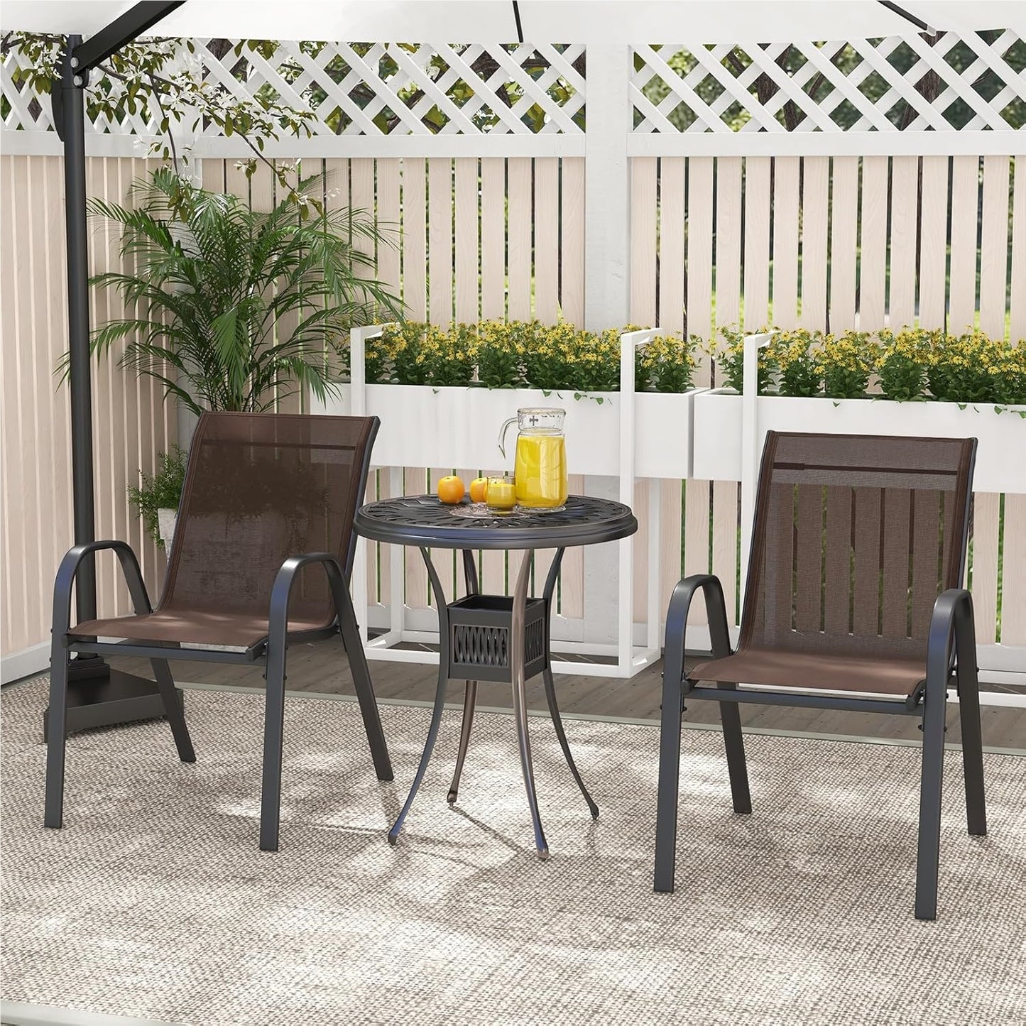 Tuinstoelen – Buitensstoelen – Terrasstoelen – Balkonstoelen – Stapelbare Stoelen – Metalen Frame – Ademend Textilene – Max. 150 kg Draagkracht – Set Van 4 Bruin
