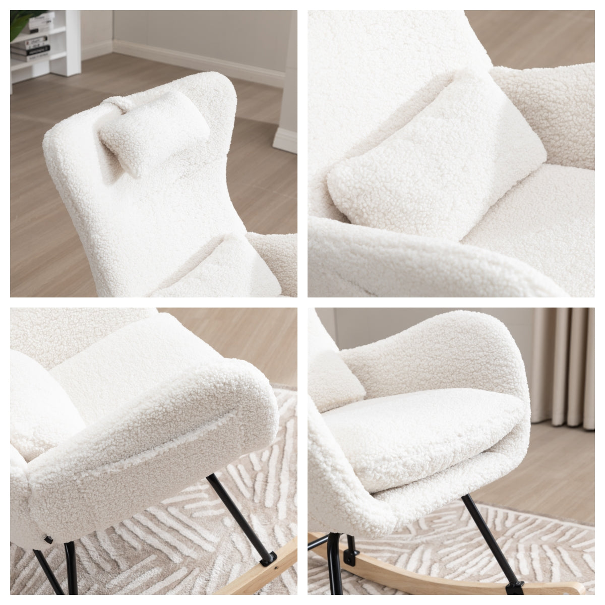 Schommelstoel – Relaxstoel – Fauteuil – Voedingsstoel – Loungestoel – Ergonomisch Design – Memory Foam Zitting – Hoge Rugleuning – Teddy Stof – Massief Houten Frame – Handmatig Schommelmechanisme – Grijs