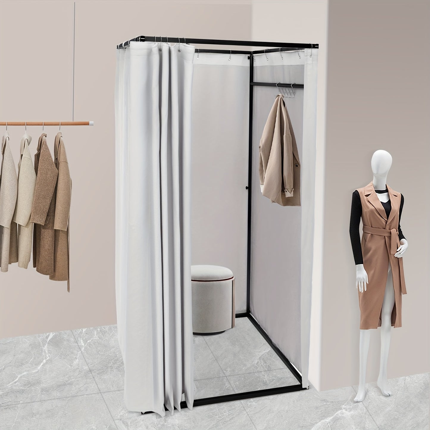 Pasmhokje – Paskamer – Kleedkamer – Pasruimte – Mobiele Paskamer – Stevig Metalen Frame – Machinewasbare Linnen Stof – Ruime Afmetingen 100x100x200 cm – Compact & Vrijstaand Grijs