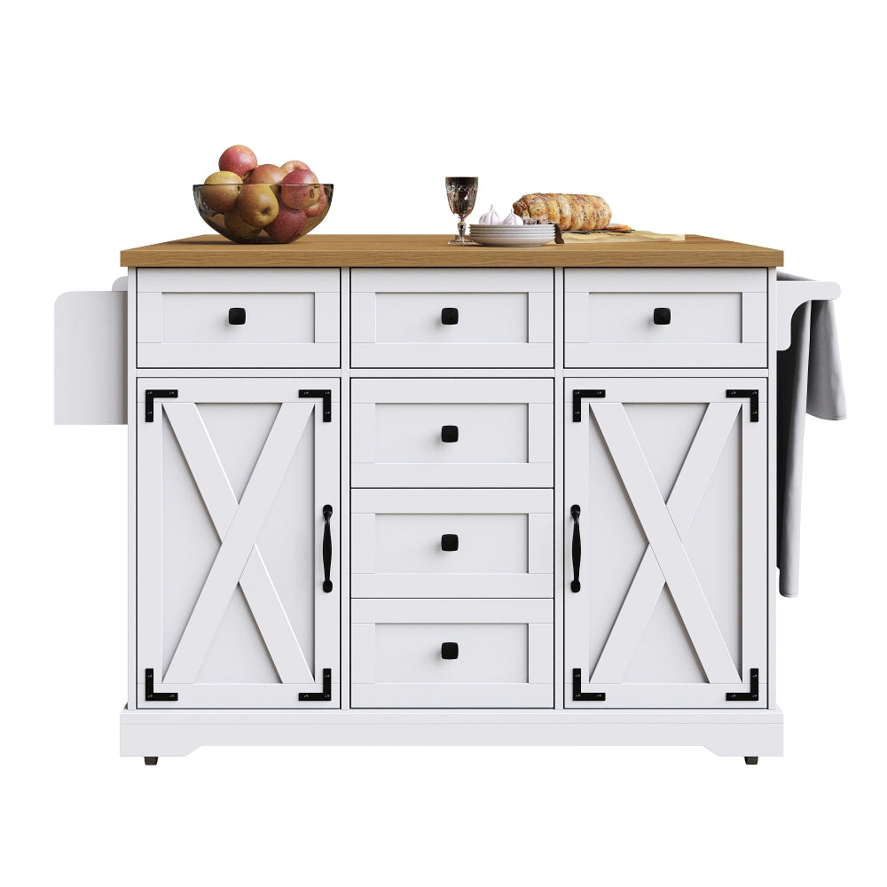 Modern Wit Keukeneiland – Mobiele Serveertafel – Keuken Trolley – Werkblad Met Opbergruimte – Opbergkast Met Laden – Verstelbare Planken – Ruim Werkblad – Mobiel En Compact