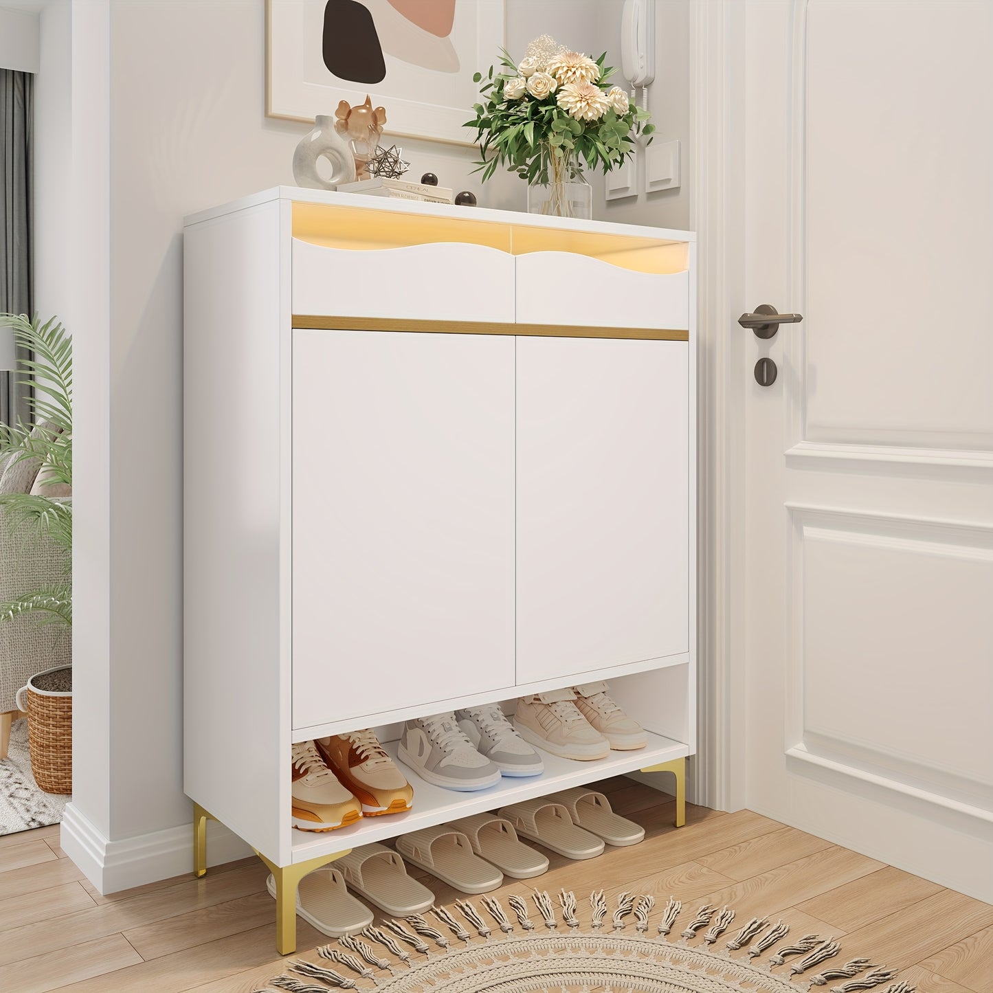 Schoenenkastje – Schoenenrek – Schoenenopberger – Schoenenkast – Schoenenhouder – Modern – Ruimtebesparend – Wit Metaal – Gouden Deur