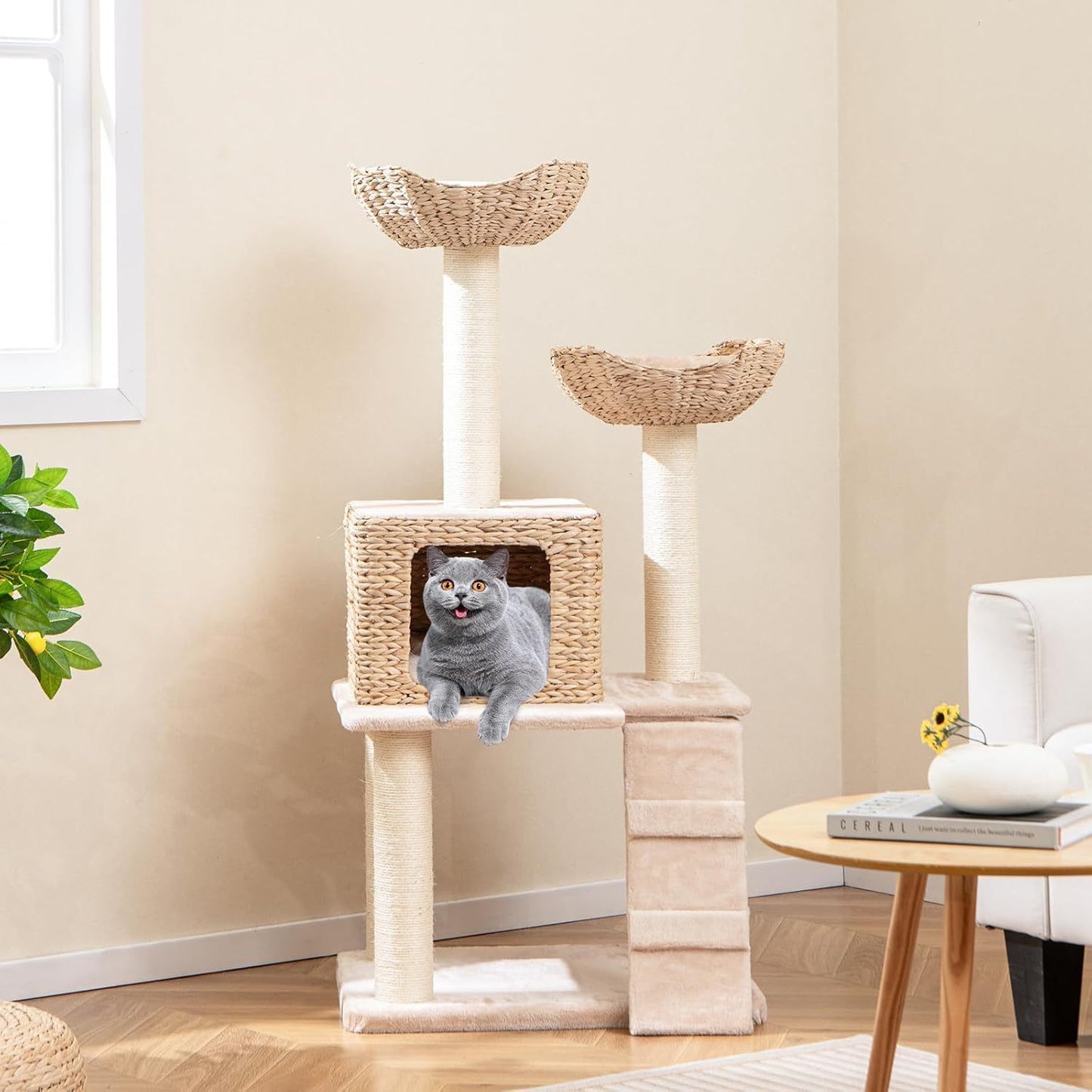 Krabpaal – Kattenboom – Krabmeubel – Kattenmand – Krabton – Natuurlijk Hout – 122 cm Hoog – 4 Niveaus Met Sisal Krabpalen