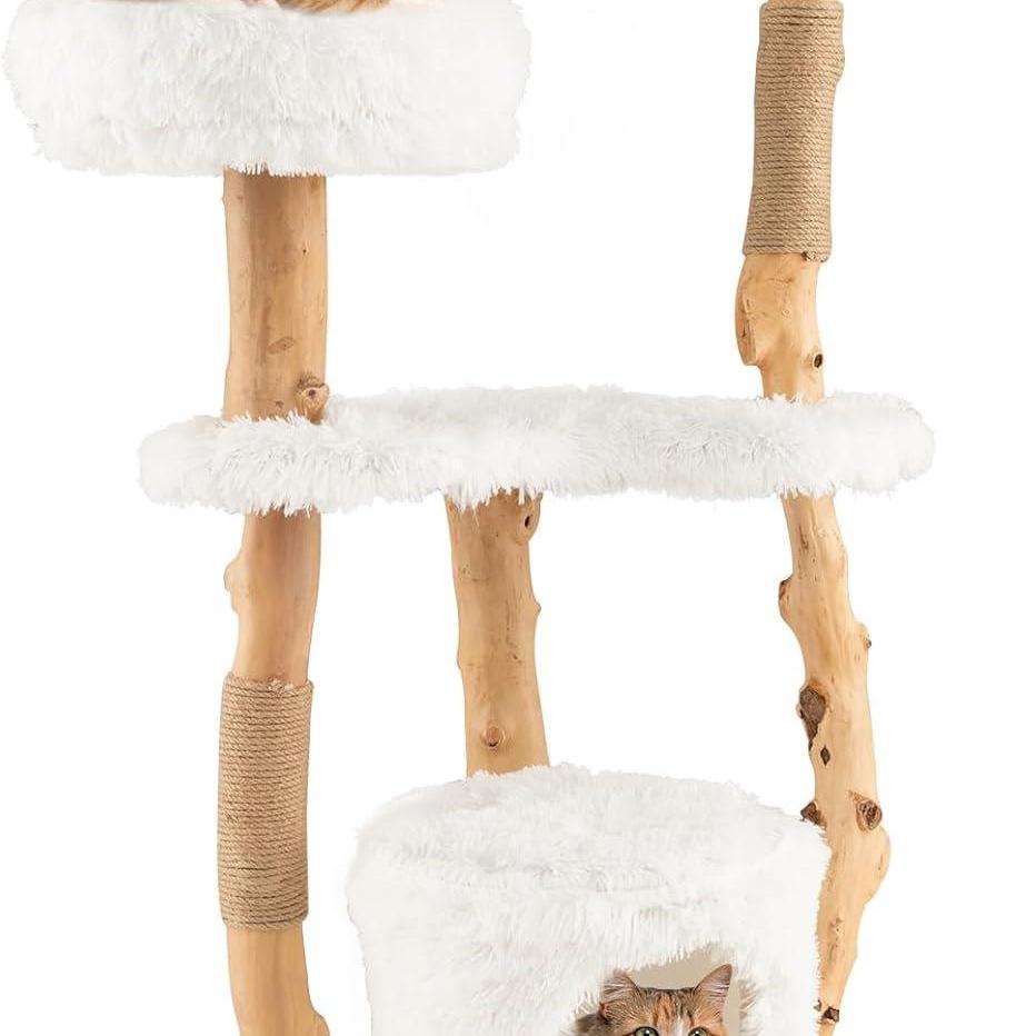 Krabpaal Kat – Krabpaal Met Hol, Krabboom, Kattenpaal, Klimmeubel – 124 cm Hout Wit – Jute Kraboppervlak & Zachte Pluche Zitplaatsen