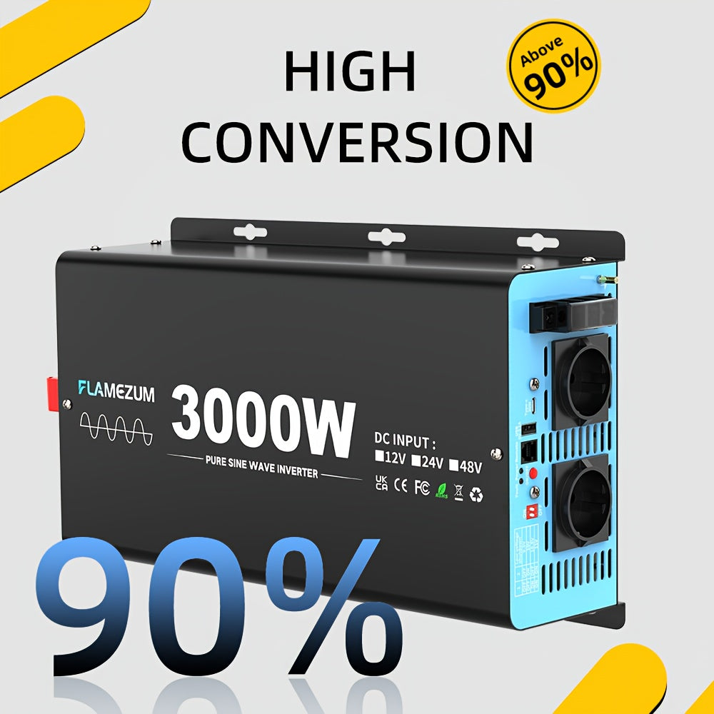 3000W Continuous Power Pure Sine Wave Inverter Peak Power 6000W DC 12V To AC 230V 50HZ EU Socket LCD Car Voltmeter Converter For RV Off Grid Truck Air Conditioner With 2 AC Outlets And Remote Control, Without Battery