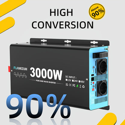 3000W Continuous Power Pure Sine Wave Inverter Peak Power 6000W DC 12V To AC 230V 50HZ EU Socket LCD Car Voltmeter Converter For RV Off Grid Truck Air Conditioner With 2 AC Outlets And Remote Control, Without Battery