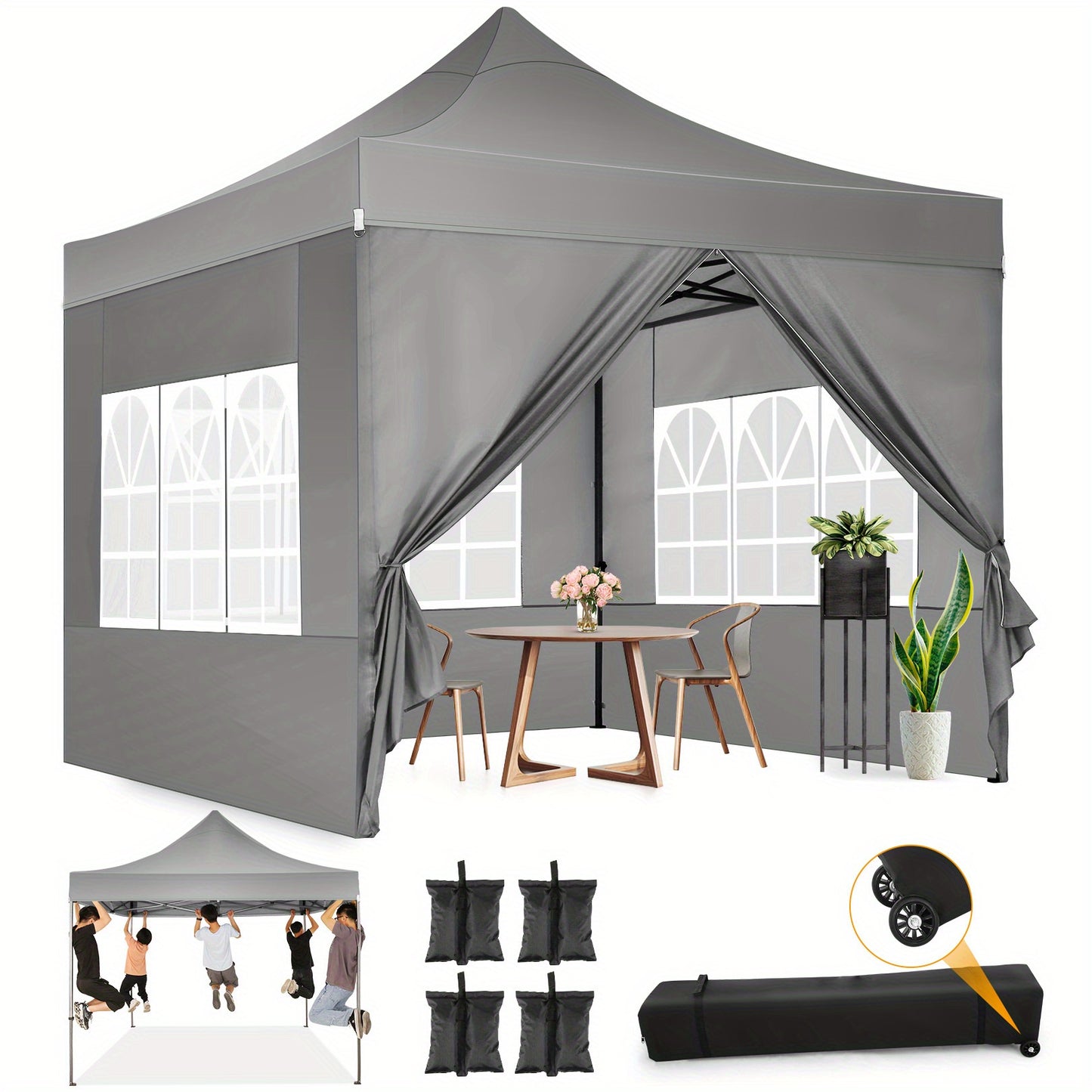 3.05x3.05meter Foldable Pop-Up Canopy with 4 Side Walls, Commercial Heavy Duty Awning, Quick to Set Up, Outdoor Party Tent, Instant Awning with Roller Bag, Suitable for Outdoor Camping, Market Events, Festival Exhibitions