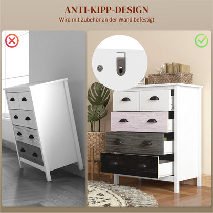 Ladekast – Dressoir – Kast – Opbergkast – Commode – Wit – 5 Lades – MDF En Dennenhout – Compact Formaat 70x38x85 cm