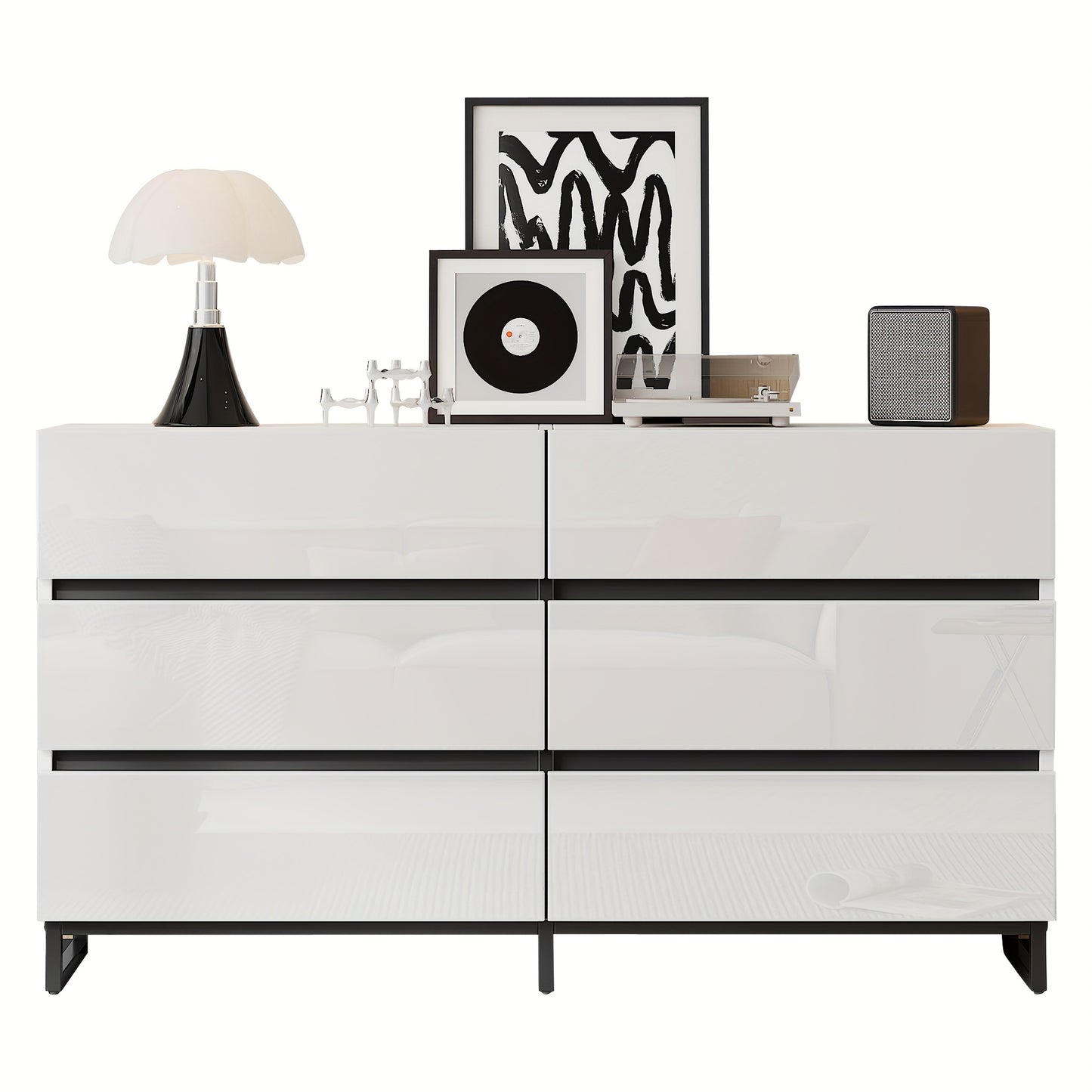 Modern White & Black Metal Living Room Sideboard Cabinet with 6-Drawer Storage - Heavy-Duty Glossy Chest of Drawers with 3 Sturdy Metal Legs, Spacious Contemporary Furniture for Home Organization, 140x39.5x78.5cm, Ideal for A