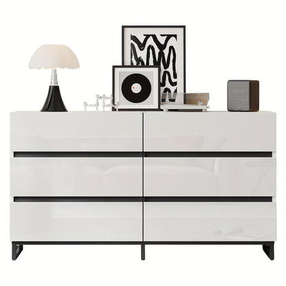 Modern White & Black Metal Living Room Sideboard Cabinet with 6-Drawer Storage - Heavy-Duty Glossy Chest of Drawers with 3 Sturdy Metal Legs, Spacious Contemporary Furniture for Home Organization, 140x39.5x78.5cm, Ideal for A
