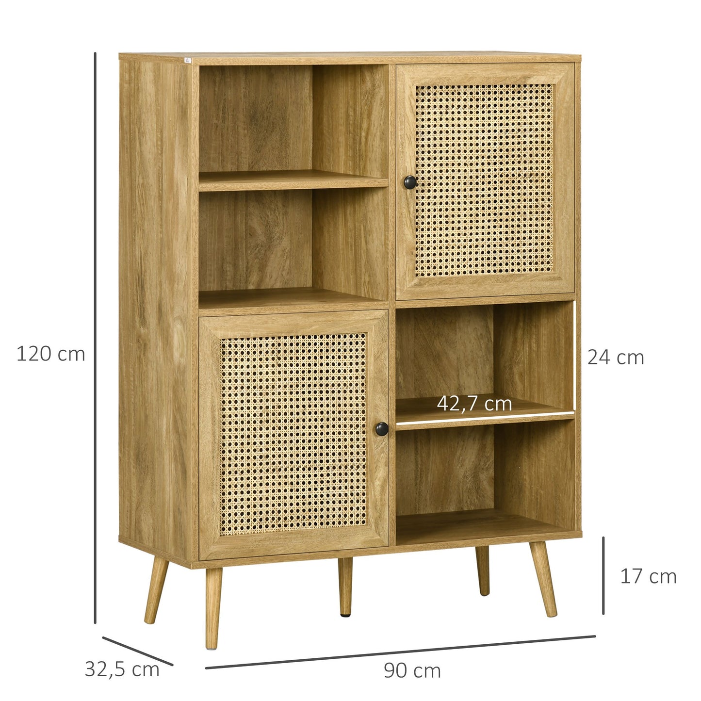 tv meubel – tv kast – dressoir – mediameubel – opbergmeubel – modern design – hoog dressoir 90x32,5x120 cm – hout met rotan accenten – kabeldoorvoer en wandmontage