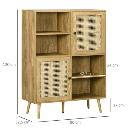 tv meubel – tv kast – dressoir – mediameubel – opbergmeubel – modern design – hoog dressoir 90x32,5x120 cm – hout met rotan accenten – kabeldoorvoer en wandmontage