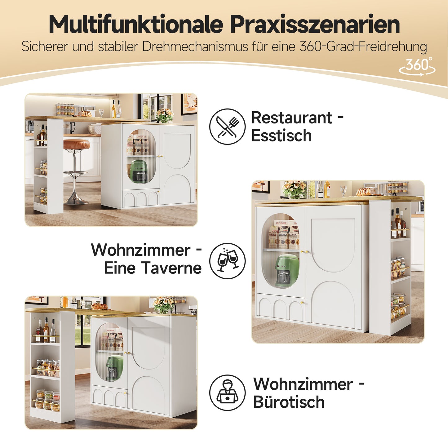 Barkast – Wijnrek – Drankkast – Bartafel – Keukentrolley – 360° Draaibaar – MDF Metalen Frame – 138x39x105 cm – 3 Deuren Met Uitneembare Scheidingswanden