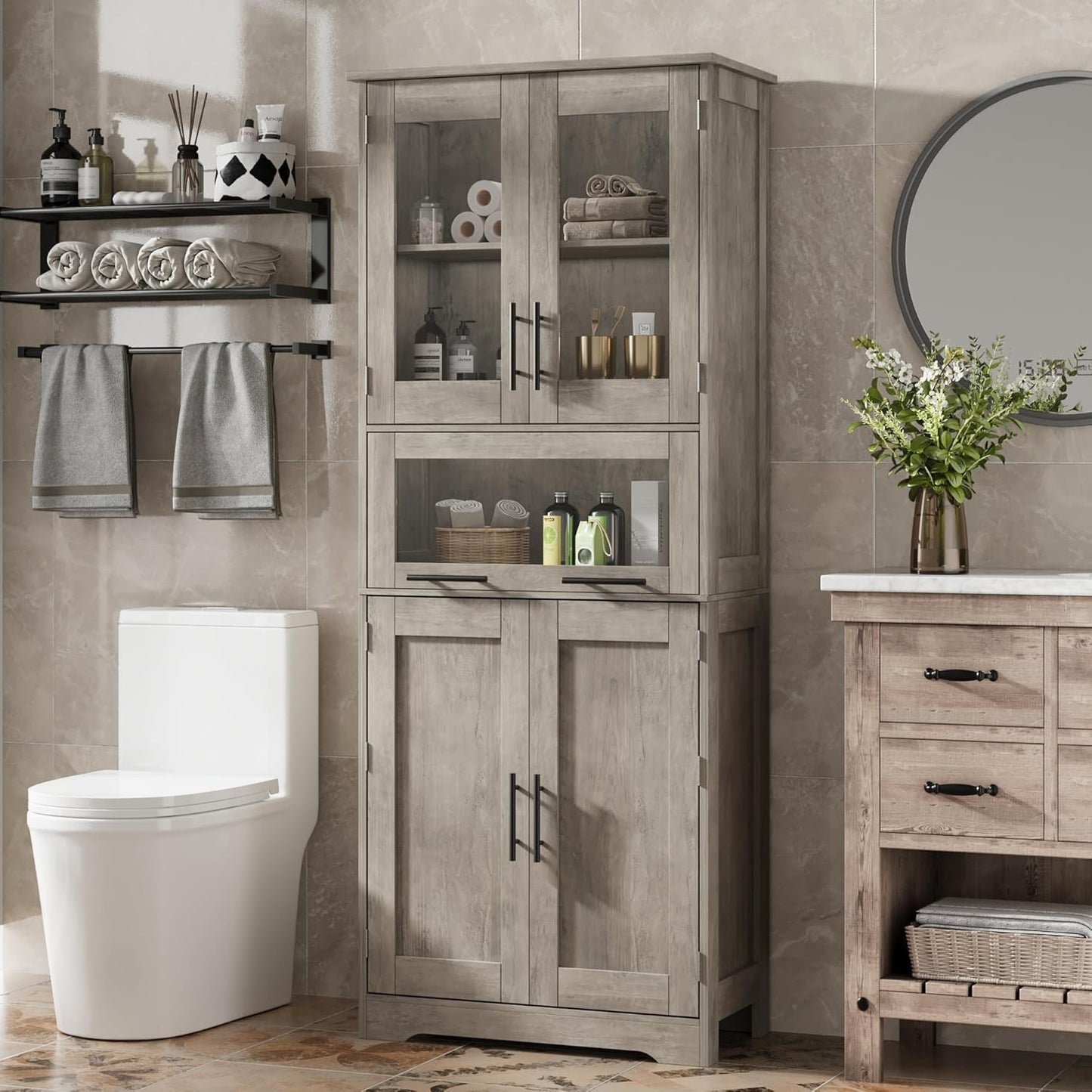 Badkamerkast – Badkamermeubel – Opbergkast – Kolomkast – Wastafelonderkast – Hardhouten Constructie – Verstelbare Planken – Grijs – 170x62x30 cm