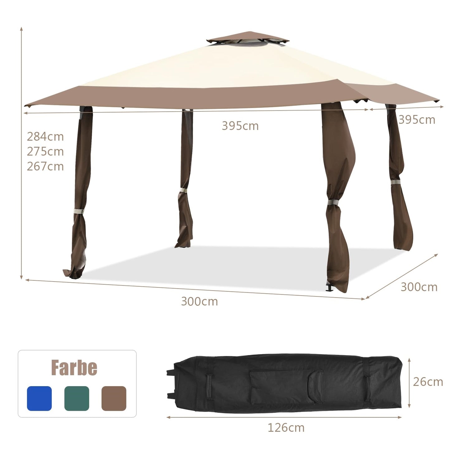 Paviljoen – Tuinpaviljoen – Tuintent – Gardentent – Pavilion 4x4m – Waterdicht – Dubbel Dak – UV Bescherming 50+ – Stevig Stalen Frame – Opvouwbaar Met Trolleytas – Winterbestendig – Bruin-Beige