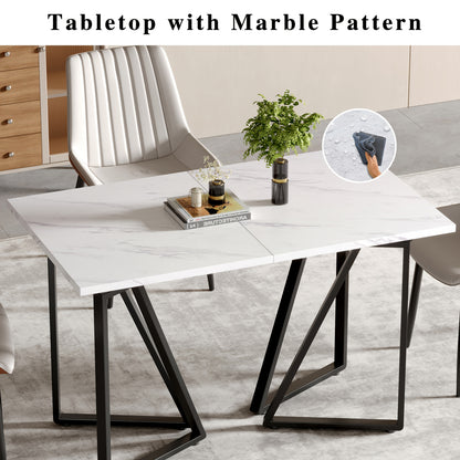 Eettafel – Eetkamertafel – Keukentafel – Uitschuiftafel – Bureaublad – Modern Design – Uittrekbaar Tafelblad – Verstelbare Pootjes – Marmerprint – MDF Wit met Gouden Accenten