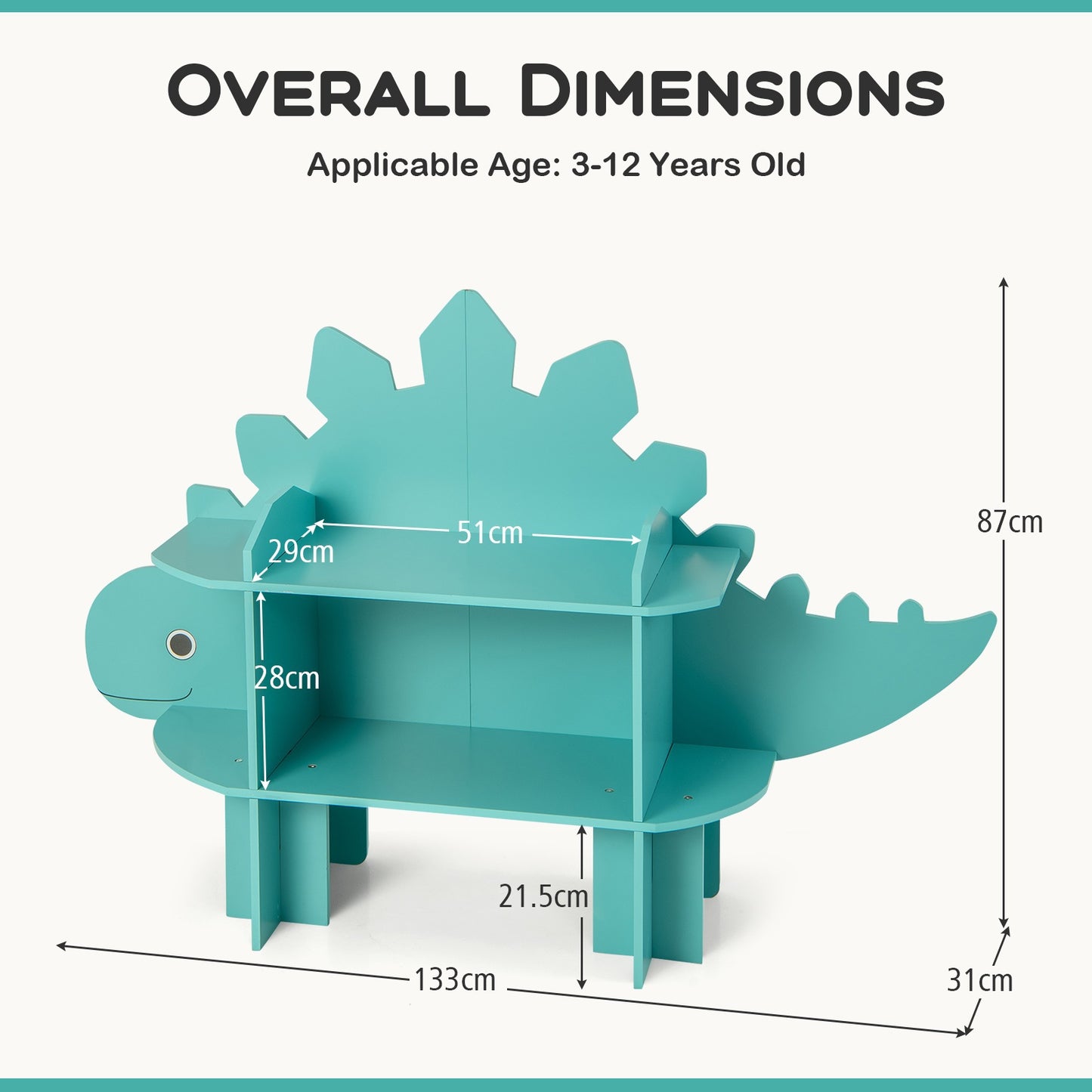 Kinderboekenkast – Kinderboekenrek – Boekenplank – Opbergkast – Speelgoedkast – Hardhouten Materiaal – Anti-Kantel Systeem – Groen Dinosaurusthema – 2-Laags Open Planken