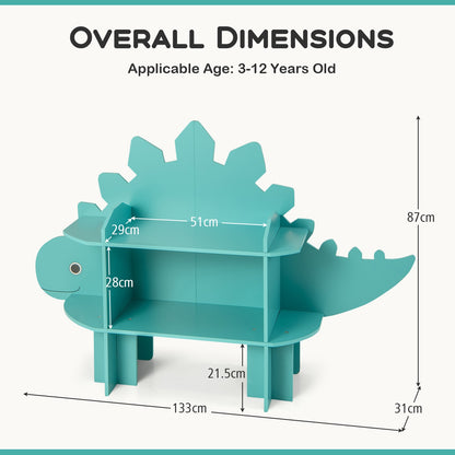 Kinderboekenkast – Kinderboekenrek – Boekenplank – Opbergkast – Speelgoedkast – Hardhouten Materiaal – Anti-Kantel Systeem – Groen Dinosaurusthema – 2-Laags Open Planken