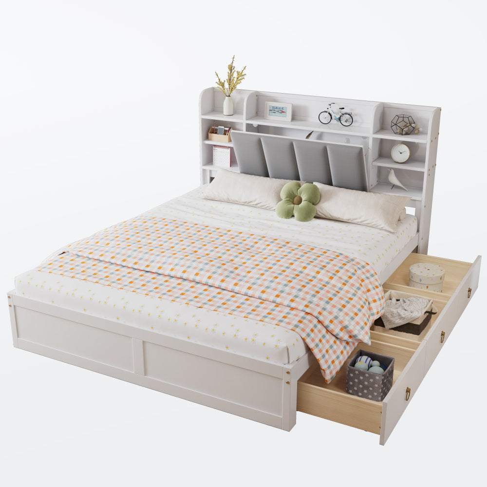 Bedframe – Tweepersoonsbed – Opbergbed – Met Lattenbodem – Metal Bed – Modern Design – 160x200 cm – Stevig Metalen Frame Met 3 Lade Opbergruimte & Liftdeksel