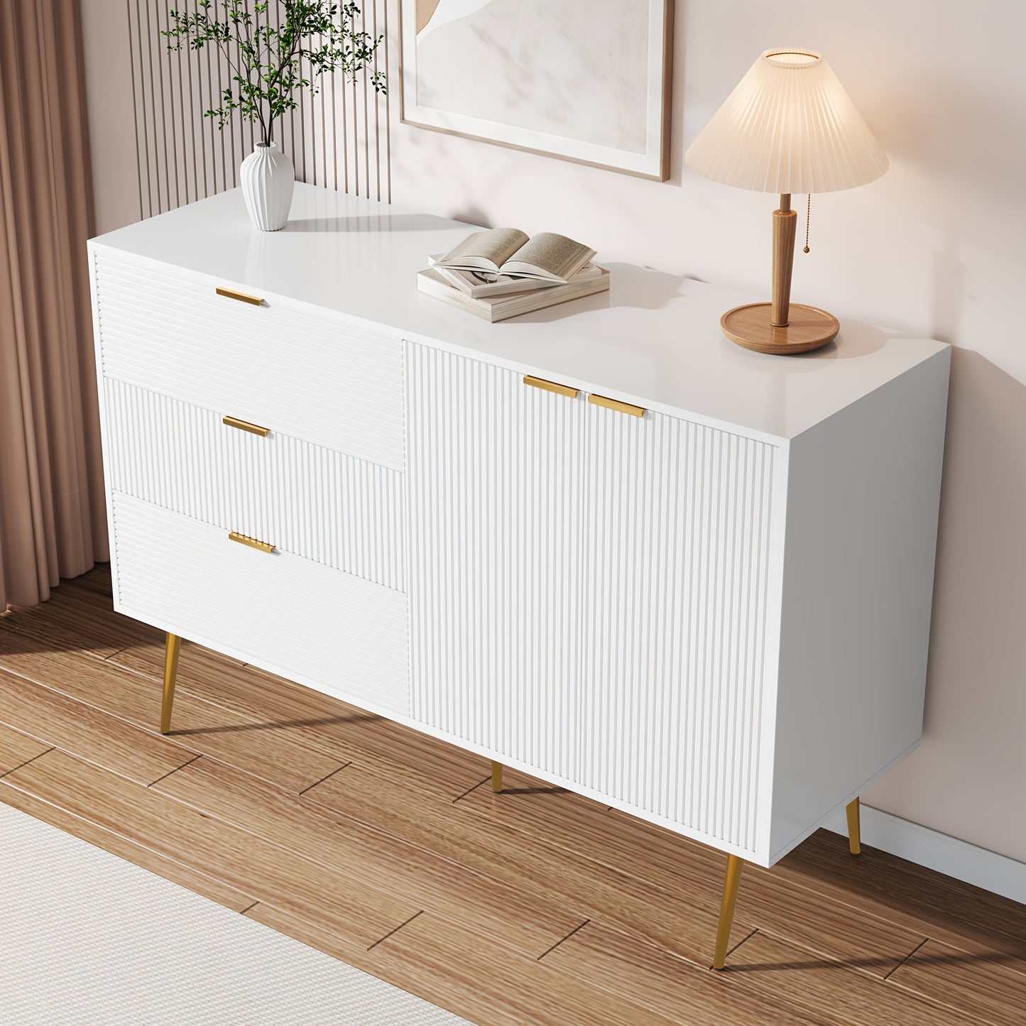 Dressoir – Buffetkast – Opbergkast – Ladekast – Woonkamerkast – Wit Met Gouden Accenten – Massief Hout – Met Deuren En Laden