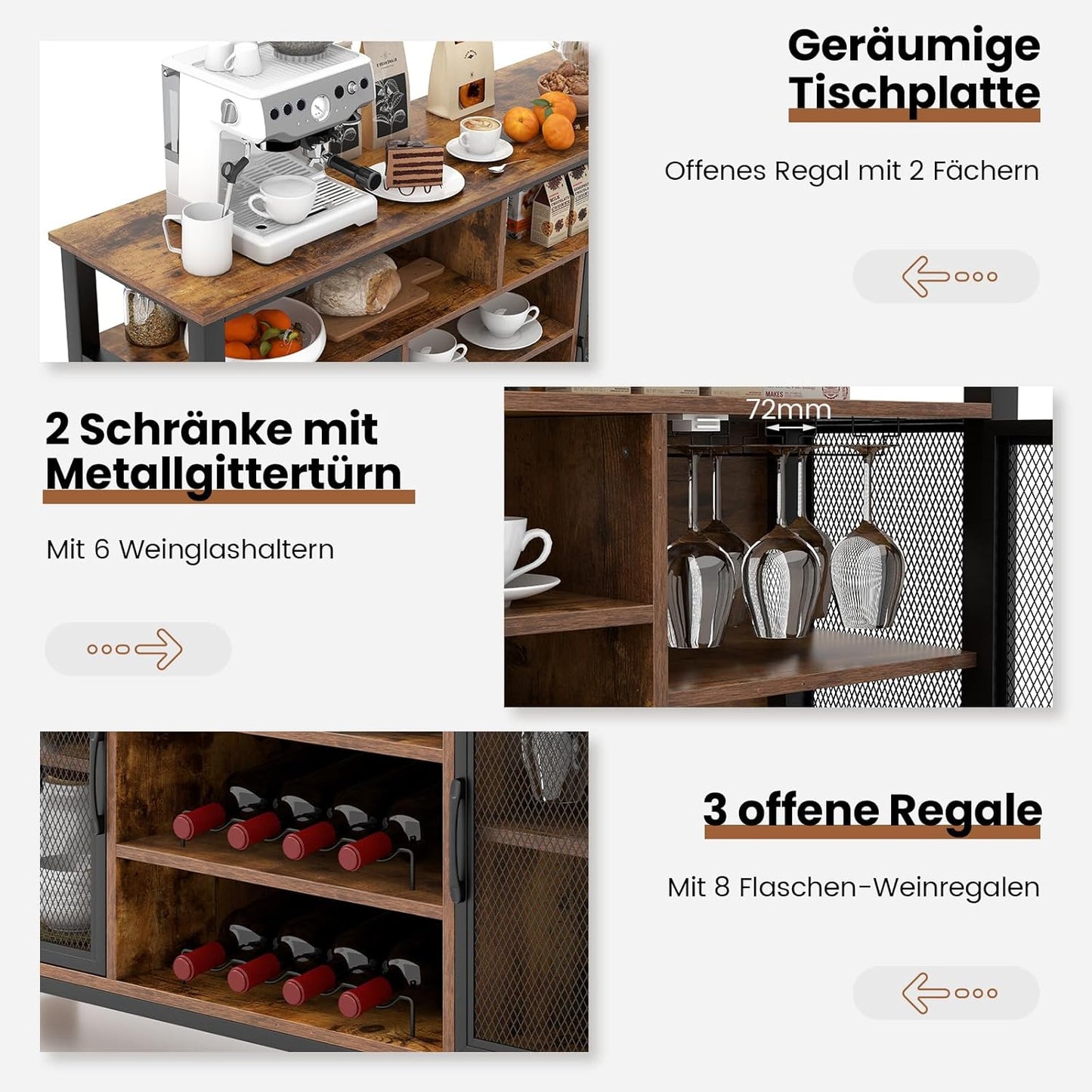 Sideboard – Dressoir – Keukenkast – Wandmeubel – Opbergkast – Met 2 Metalen Deuren – Wijnrek Met Glazenhouder – 140 x 40 x 82,5 cm – Robuust Metalen Frame – Ruime Open Vakken