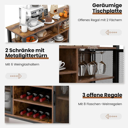 Sideboard – Dressoir – Keukenkast – Wandmeubel – Opbergkast – Met 2 Metalen Deuren – Wijnrek Met Glazenhouder – 140 x 40 x 82,5 cm – Robuust Metalen Frame – Ruime Open Vakken
