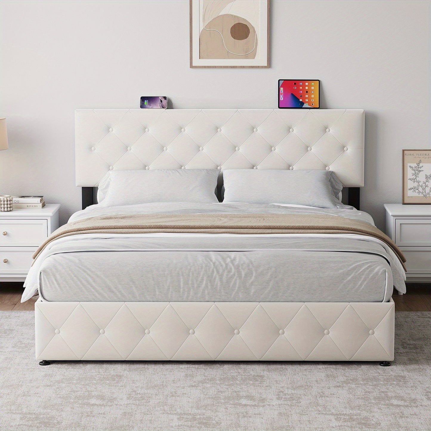 Bedkast – Bedframe – Nachtkastje – Opbergkast – Slaapkamerkast – 140x200 cm – Fluwelen Getuft Hoofdbord – 4 Opberglades