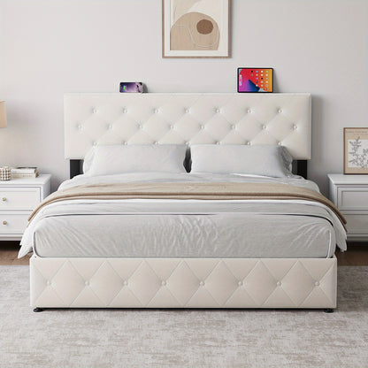 Bedkast – Bedframe – Nachtkastje – Opbergkast – Slaapkamerkast – 140x200 cm – Fluwelen Getuft Hoofdbord – 4 Opberglades