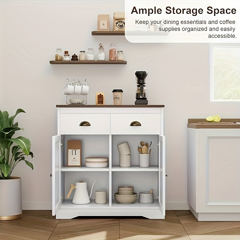 Farmhouse White Buffet Cabinet with Storage, Kitchen Sideboard with 2 Doors and 2 Drawers, Wooden Coffee Bar Cabinet with Shelves for Dining Room, Living Room, Storage Drawer Units