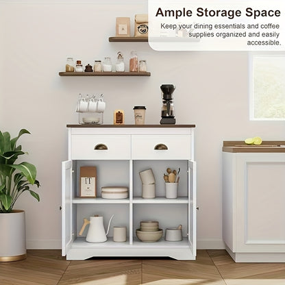 Farmhouse White Buffet Cabinet with Storage, Kitchen Sideboard with 2 Doors and 2 Drawers, Wooden Coffee Bar Cabinet with Shelves for Dining Room, Living Room, Storage Drawer Units