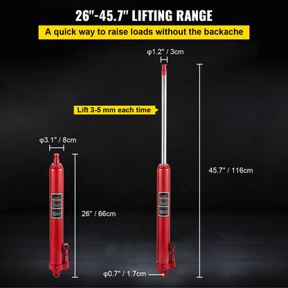 Hydraulische Long Ram Krik – Garagekrik – Motorlift – Werkplaatskrik – Hefboomkrik – 8 Ton Hefvermogen – Robuust Legeringsstaal