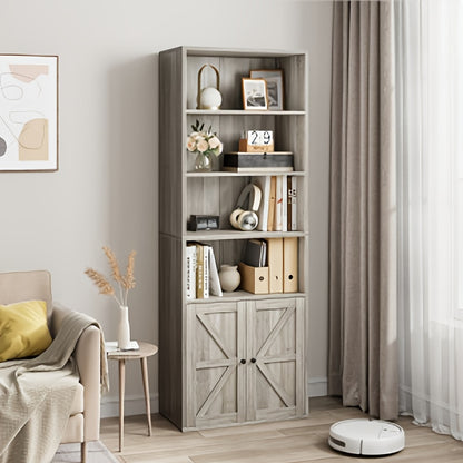 Industrial Farmhouse Bookcase with Doors - Heavy-Duty Freestanding bookshelf, Sturdy Wood Construction, Open & Closed Storage Shelves, for Living Room, Bedroom, Home Office - Modern Industrial Organizer Furniture