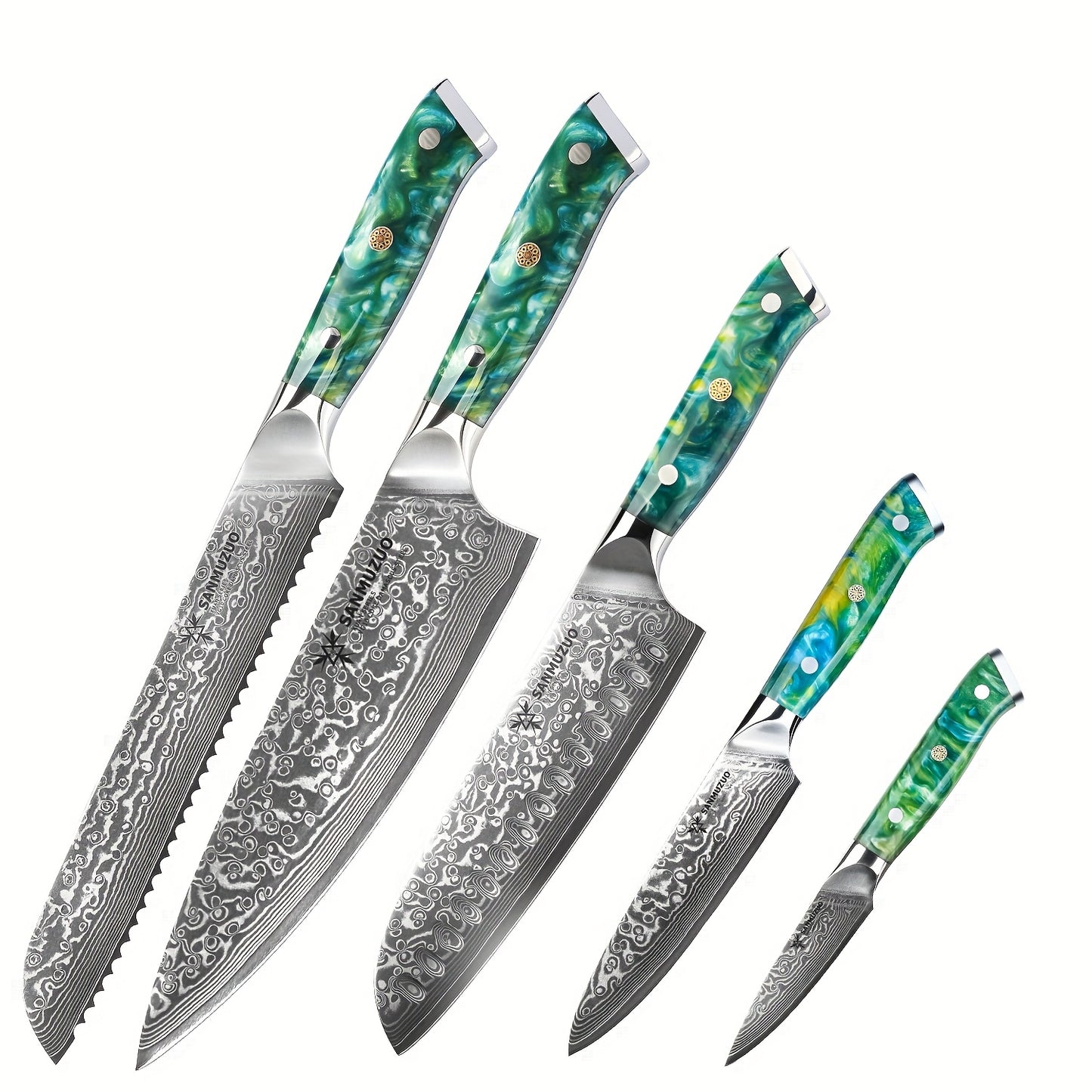 Koksmesset – Messenset – Broodmes – Santokumes – Schilmes – Groen Resin Handvat – VG10 Damascus Staal – 5-delige Set