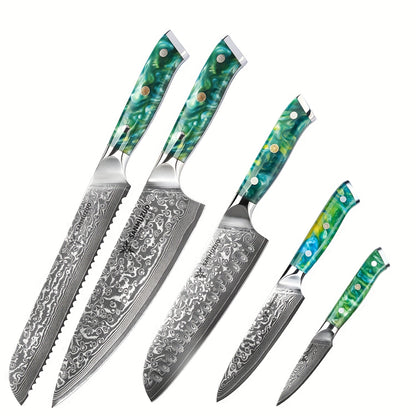 Koksmesset – Messenset – Broodmes – Santokumes – Schilmes – Groen Resin Handvat – VG10 Damascus Staal – 5-delige Set