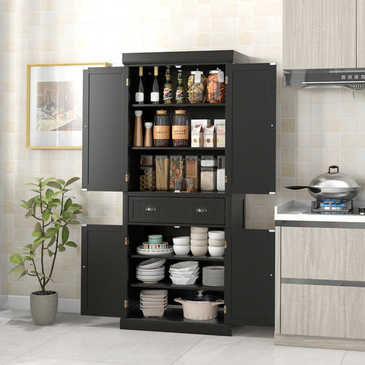 Tall Storage Unit with 4 Doors & 2 Drawers, Sideboard Top Kitchen Storage Unit with Adjustable Shelves