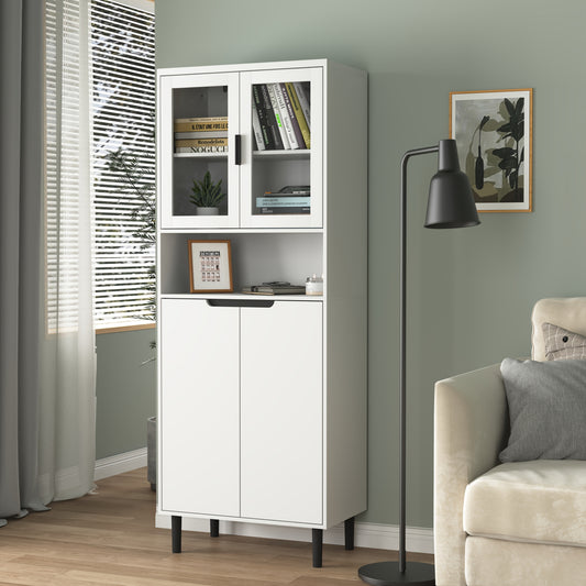 Modern White 4-Door Bookcase with Tempered Glass Doors & Adjustable Shelves - Heavy-Duty Metal Frame & MDF-Free Lacquered Cabinet, Freestanding Storage Shelf for Living Room, Bedroom - Easy Assembly, & Pet- Glass Panels