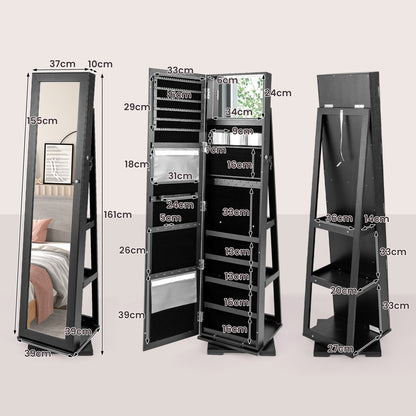 Sieradenkast – Sieradendoos – Accessoirekast – Spiegelkast – Staande spiegelkast – 360° Draaibare Basis – Slot Met Veilige Opbergruimte – Zwarte MDF Afwerking – 155 cm Spiegelhoogte