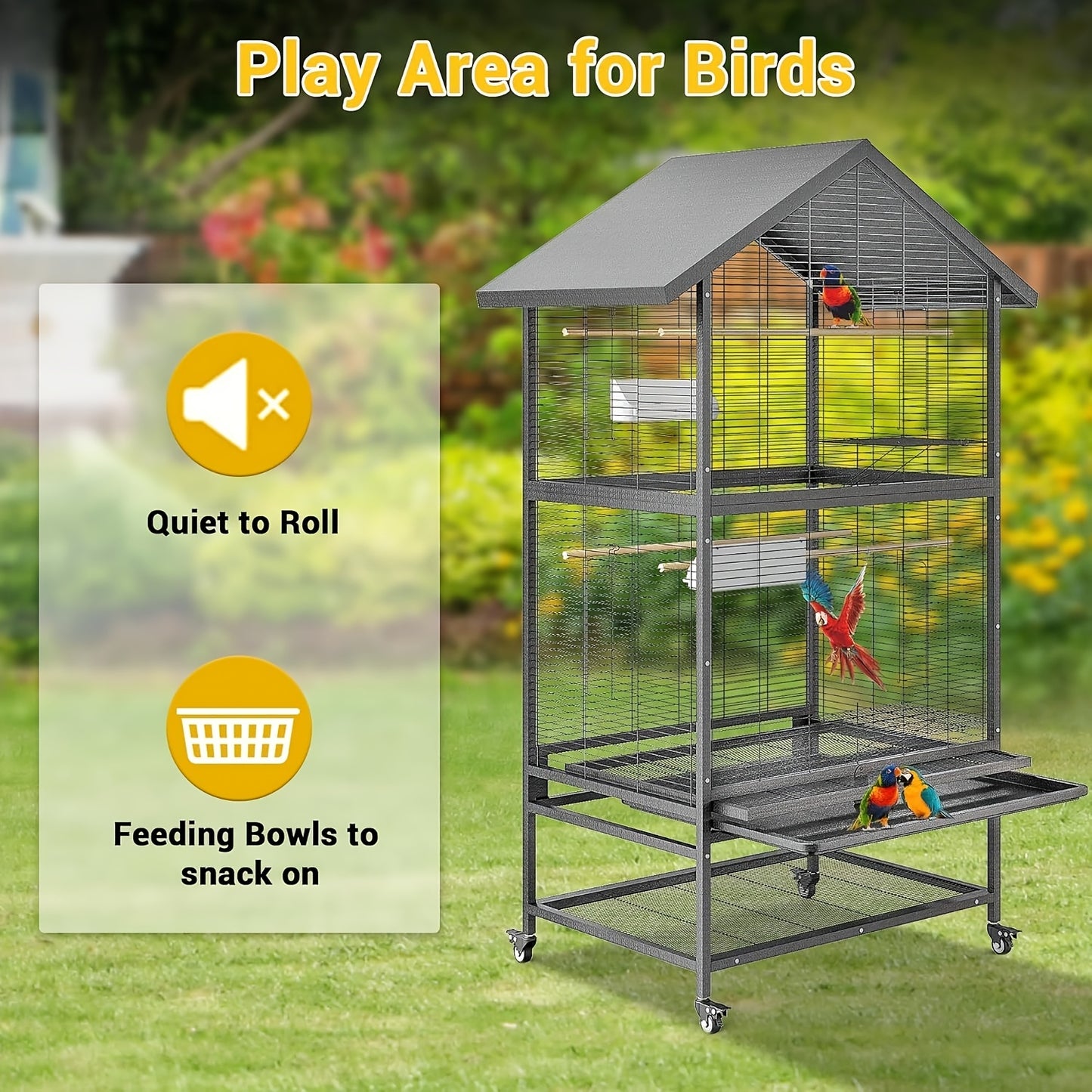 Vogelkooi – Volière – Vogelkooi Groot – Kooi Papegaaien – Vogelkooi Met Wielen – Heavy-Duty Smeedstaal – Extra Ruim Speeloppervlak 80x60 cm