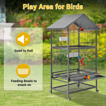 Vogelkooi – Volière – Vogelkooi Groot – Kooi Papegaaien – Vogelkooi Met Wielen – Heavy-Duty Smeedstaal – Extra Ruim Speeloppervlak 80x60 cm