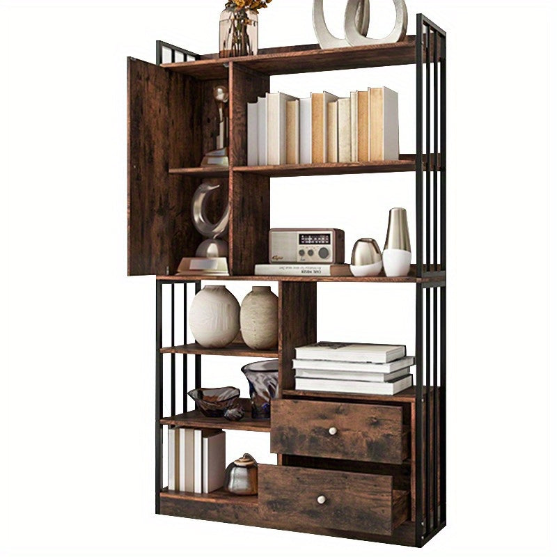 Boekenkast – Boekenrek – Opbergkast – Vakkenkast – Stellingkast – Industrieel Design – 6 Planken Met Deuren En Lades – Stalen Antiek Bruine Afwerking – Vloer Tot Plafond Hoogte