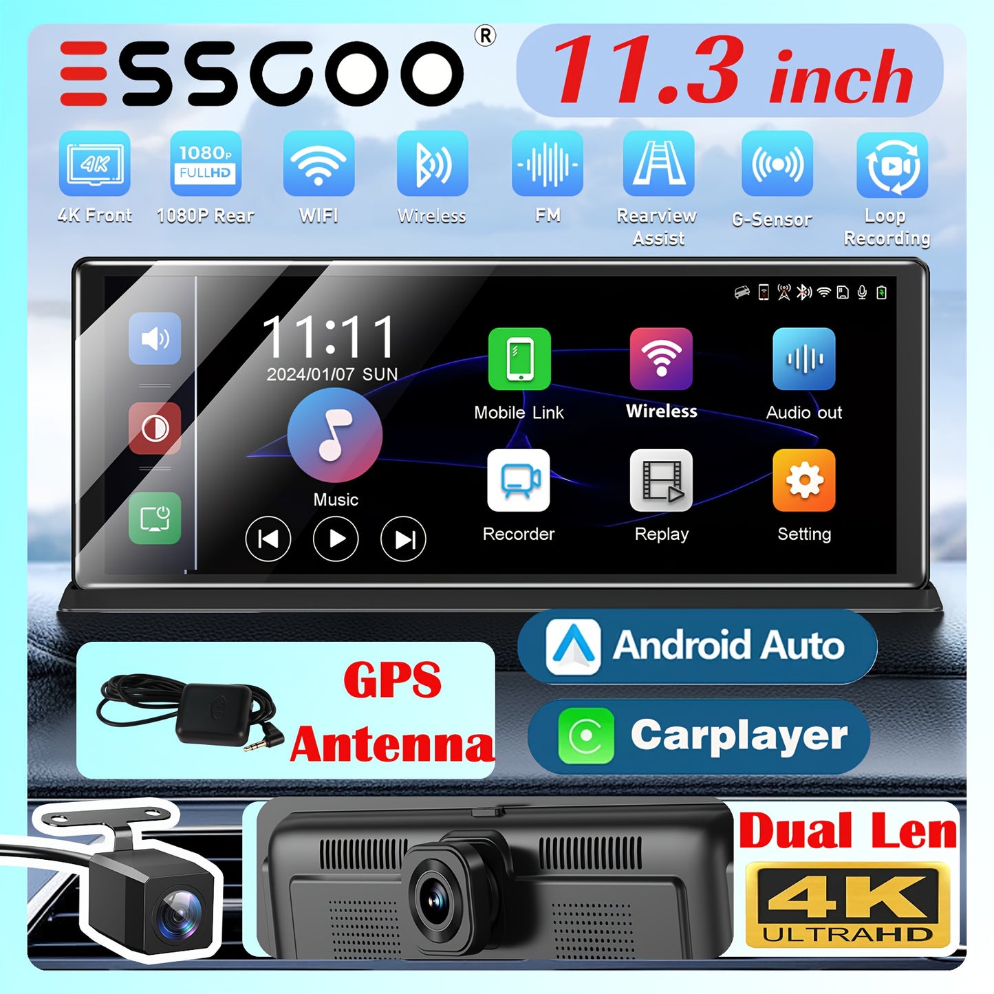 11,3 inch Draadloze Carplay Display – Multimediasysteem – Navigatiesysteem – Touchscreen Radio – Auto Entertainment – Met Dual Camera & GPS Antenne – 4K Voorste Dashcam & 1080P Achteruitrijcamera