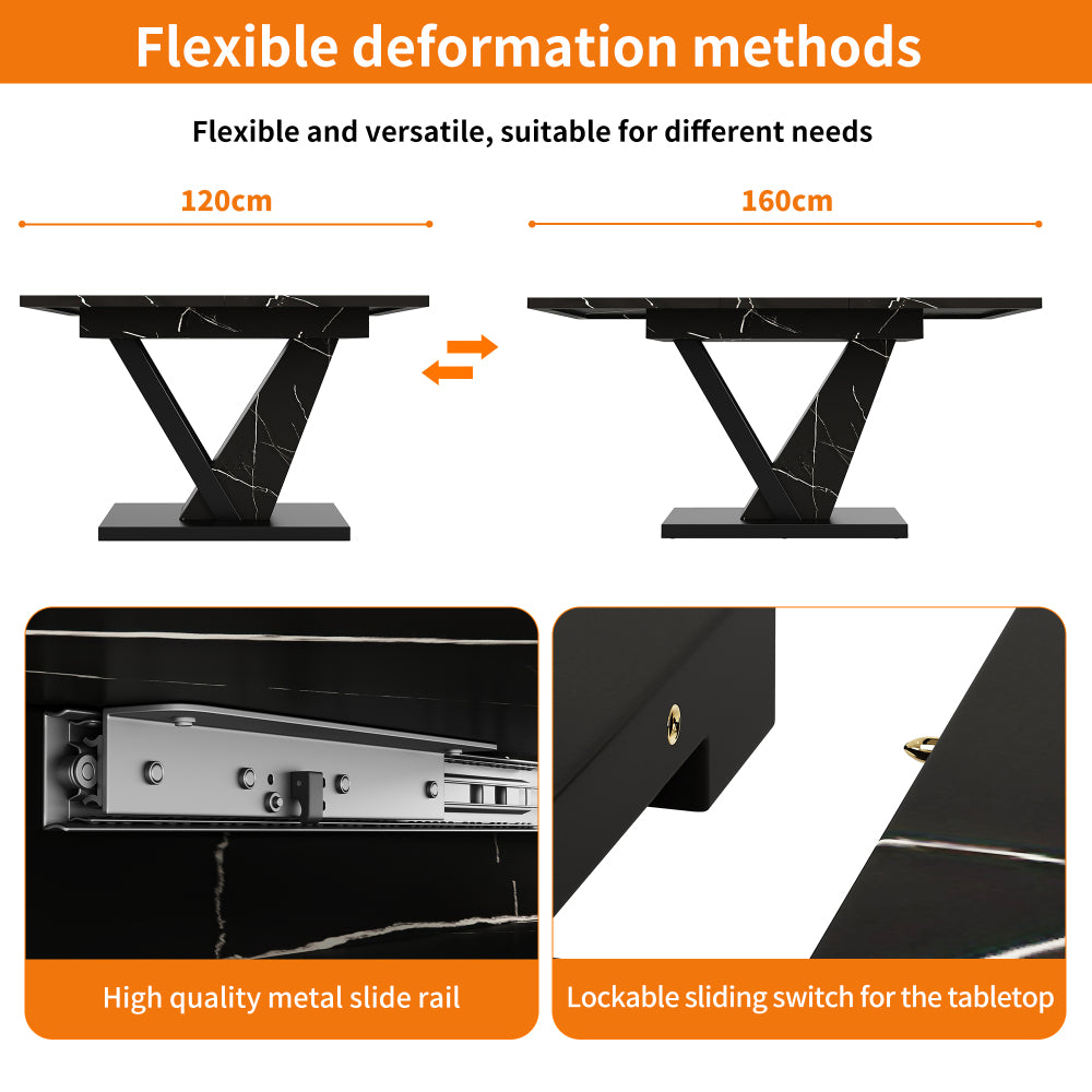 Uitschuiftafel – Uitklaptafel – Eettafel – Keukentafel – Verstelbare Tafel – Zwart Marmerpatroon – 120-160 x 75 cm – Ruimtebesparend & Duurzaam