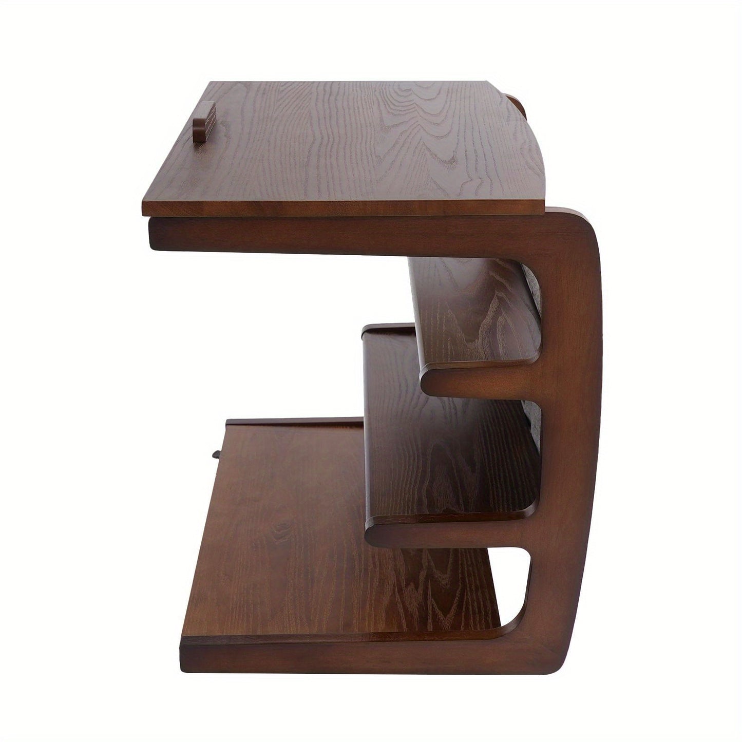 Salontafel met Opbergruimte – Bijzettafel – Koffietafel – Wandtafel – Rolstoeltafel – 4-laags Opbergruimte – Modern C-vormig Design – Rubberhout en IJzer – Wieltjes met Rem – 60 cm Hoog – Notenkleur